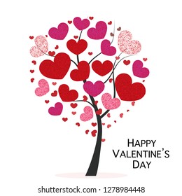 Heart tree with red shining sparkle hearts. Happy Valentine's day greeting card