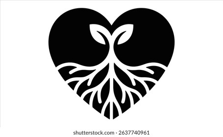 Heart with Tree Roots and Leaves Vector for Nature and Wellness Concepts	