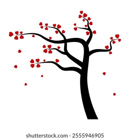 Heart Tree Silhouette Vector Illustration. This is a vector illustration of a stylized tree with a black trunk and branches, adorned with red, heart-shaped leaves.