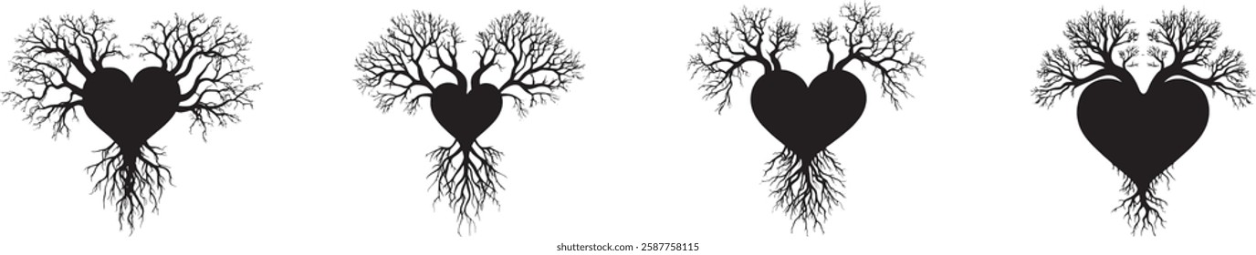 Heart Tree Silhouette Vector Set Isolated on White Background