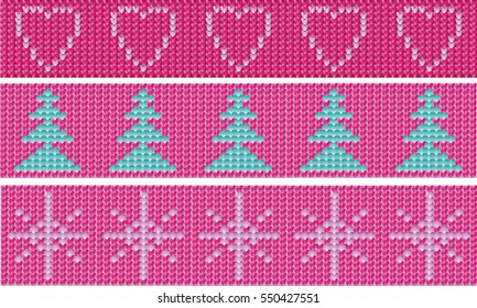 Heart, tree, snowflake. Set. Seamless knitted patterns. Design for knitted garments.