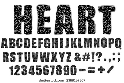 Herzliches trendiges Alphabet. Handgezeichnet doodle Schriftart mit weißen Herzen auf schwarzem Hintergrund. Moderne Großbuchstaben, Zahlen und Satzzeichen. Für Poster, Banner, T-Shirt. Valentinstag. Vektorgrafik