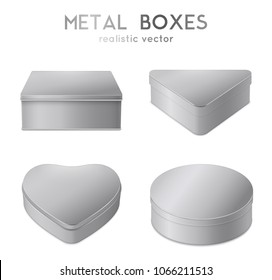 Heart triangle round and square shaped plain metal gift boxes realistic set of 4 isolated vector illustration 