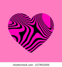 Heart with trippy psychedelic pattern on pink background. The 70s hippie style print for cover, t-shirt of poster.