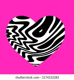 Heart with trippy psychedelic pattern on pink background. The 70s hippie style print for cover, t-shirt of poster.