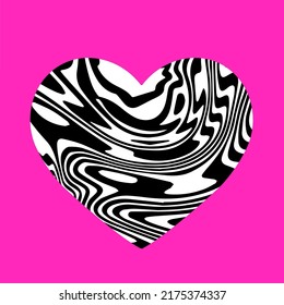 Heart with trippy psychedelic pattern on pink background. The 70s hippie style print for cover, t-shirt of poster.