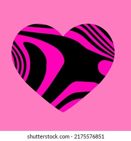 Heart with trippy psychedelic pattern on pink background. The 70s hippie style print for cover, t-shirt of poster.