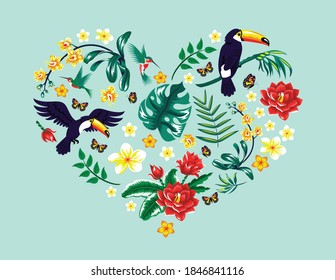 Heart with tropical leaves, flowers and a bird. 