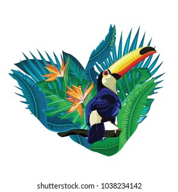 Heart of tropical leaves with toucan. South America fauna. Wild animal illustration for zoo, nature concept.