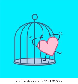 Heart Trying Open The Grids To Escape From Cage. Vector Concept Illustration Of Free Heart And Soul Escaping Out Of The Prison | Flat Design Linear Infographic Icon On Blue Background