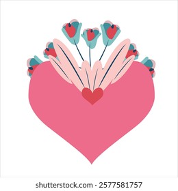 Heart with tulips. Vector illustration in flat style. Valentine's Day. Heart with wings on a white background. Vector illustration in flat style.