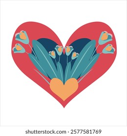 Heart with tulips. Vector illustration in flat style. Valentine's Day. Heart with wings on a white background. Vector illustration in flat style.