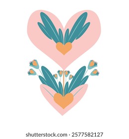 Heart with tulips. Vector illustration in flat style. Valentine's Day. Heart with wings on a white background. Vector illustration in flat style.