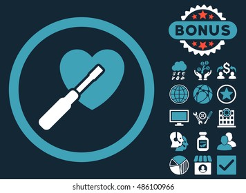 Heart Tuning icon with bonus images. Vector illustration style is flat iconic bicolor symbols, blue and white colors, dark blue background.