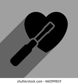 Heart Tuning long shadow vector icon. Style is a flat heart tuning black iconic symbol on a gray square background with longshadow.