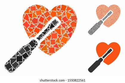 Heart tuning mosaic of rough parts in different sizes and color tones, based on heart tuning icon. Vector rugged elements are combined into collage. Heart tuning icons collage with dotted pattern.