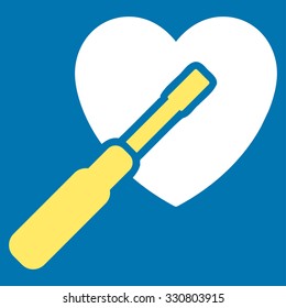 Heart Tuning vector icon. Style is bicolor flat symbol, yellow and white colors, rounded angles, blue background.