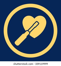 Heart Tuning vector icon. Style is flat rounded symbol, yellow color, rounded angles, blue background.