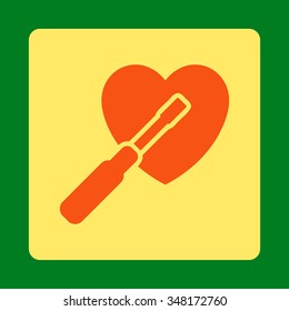 Heart Tuning vector icon. Style is flat rounded square button, orange and yellow colors, green background.