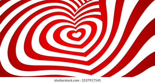 Fundo do túnel do coração com listras hipnóticas do amor e espiral psicodélica, vetor de desenhos animados. Túnel do coração com redemoinhos hipnóticos abstratos para Valentine ou casamento, romance e fundo de amor romântico