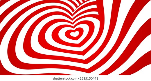 Túnel cardíaco com listras hipnóticas de amor e ilusão espiral psicodélica, fundo vetorial. Túnel do coração com redemoinhos hipnóticos abstratos para Valentine ou casamento, romance e fundo de amor romântico