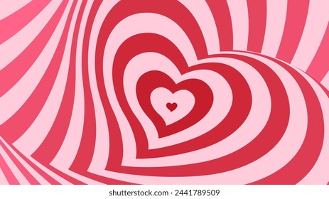 Heart tunnel romantic love background. Vector mesmerizing distorted heart-shaped stripes or layers in red or pink hues symbolize the profound journey of love, crafting a dreamy and enchanting ambiance