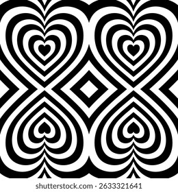 Heart Tunnel seamless pattern. Black white contrast wallpaper, love theme, romantic print. Valentines Day abstract background. Hypnotic heart, love optical illusion. Black white heart tunnel. 