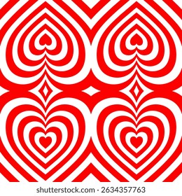 Heart Tunnel seamless pattern. Red white heart tunnel. Valentines Day abstract background. Hypnotic heart, love optical illusion. Red white contrast wallpaper, love theme, romantic print.
