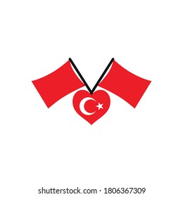 corazón con bandera de pavo y banderas decorativas sobre fondo blanco, estilo plano, ilustración vectorial