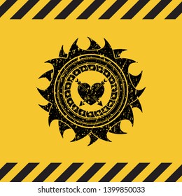 heart with two arrows icon black grunge emblem with yellow background. Vector Illustration. Detailed.