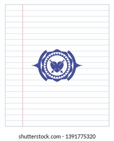 heart with two arrows icon drawn with pen. Blue ink. Vector Illustration. Detailed.