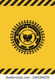 heart with two arrows icon grunge black emblem with yellow background, warning sign. Vector Illustration. Detailed.
