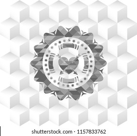 heart with two arrows icon inside grey emblem with cube white background