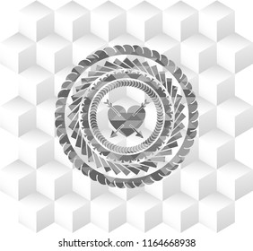 heart with two arrows icon inside grey emblem with geometric cube white background