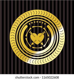 heart with two arrows icon inside gold badge or emblem