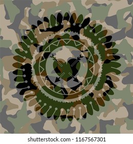 heart with two arrows icon inside camouflage texture