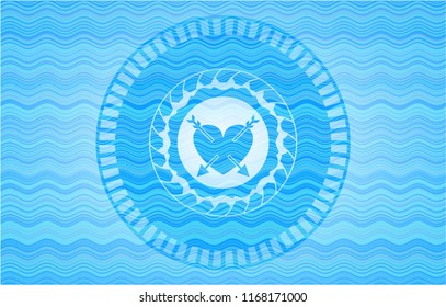 heart with two arrows icon inside water concept emblem background.