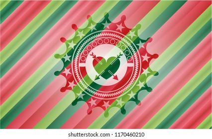 heart with two arrows icon inside christmas colors style emblem.