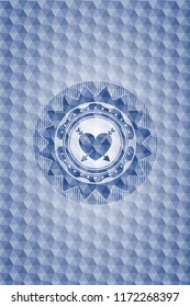 heart with two arrows icon inside blue emblem with geometric background.