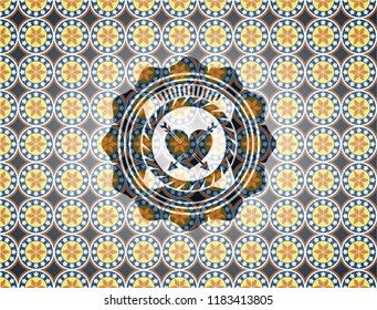 heart with two arrows icon inside arabic emblem background. Arabesque decoration.