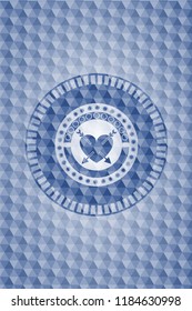 heart with two arrows icon inside blue badge with geometric pattern.