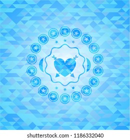 heart with two arrows icon inside realistic light blue mosaic emblem