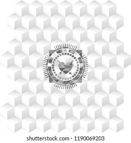 heart with two arrows icon inside realistic grey emblem with geometric cube white background