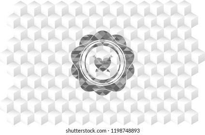 heart with two arrows icon inside grey badge with geometric cube white background