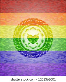 heart with two arrows icon inside emblem on mosaic background with the colors of the LGBT flag