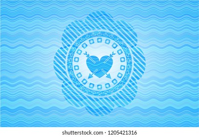 heart with two arrows icon inside water wave concept style emblem.