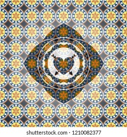 heart with two arrows icon inside arabesque emblem background. arabic decoration.