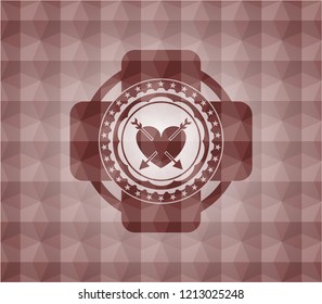 heart with two arrows icon inside red emblem or badge with geometric pattern background. Seamless.