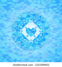 heart with two arrows icon inside sky blue emblem. Mosaic background