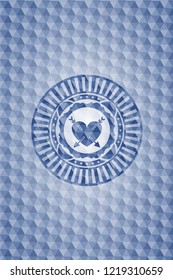 heart with two arrows icon inside blue emblem with geometric pattern background.